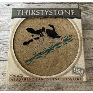 Vintage Thirsty Stone Manatee Sandstone Coasters Set of 4 Cork Backing 2000